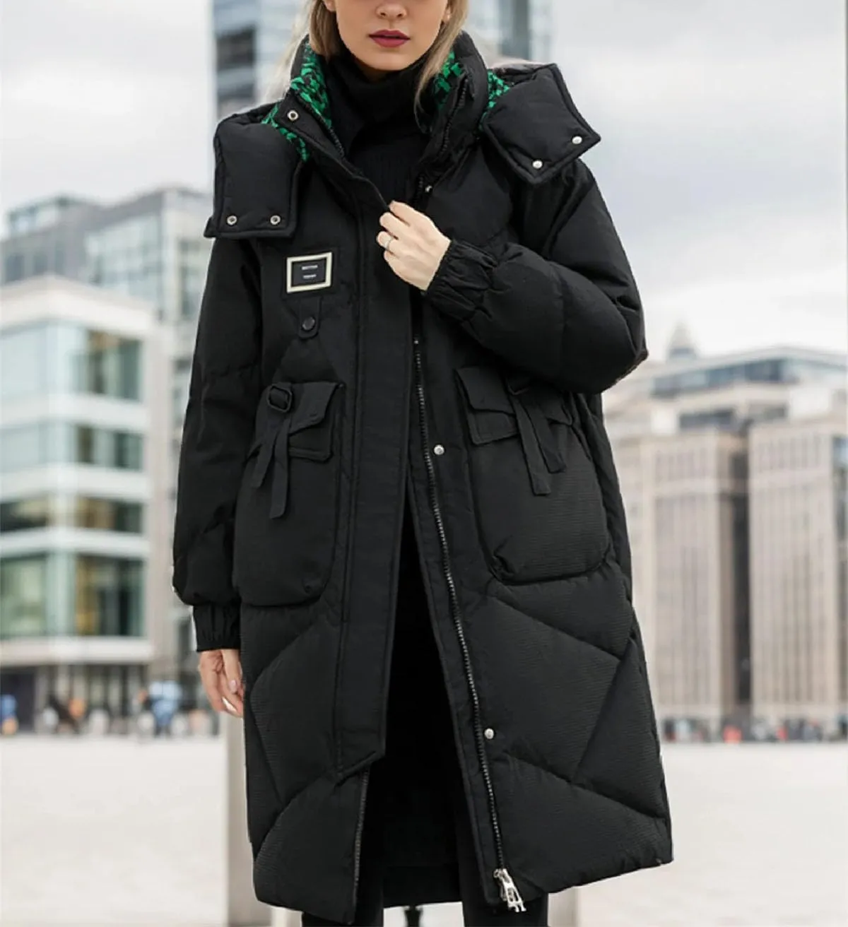 Women's Lace-Up Pocket Long Parkas Coats Vintage Hooded Detachable Hat Cotton-Padded Jacket
