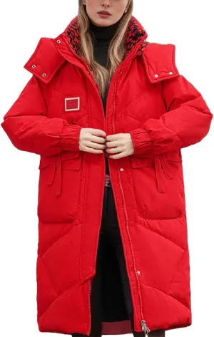 Women's Lace-Up Pocket Long Parkas Coats Vintage Hooded Detachable Hat Cotton-Padded Jacket