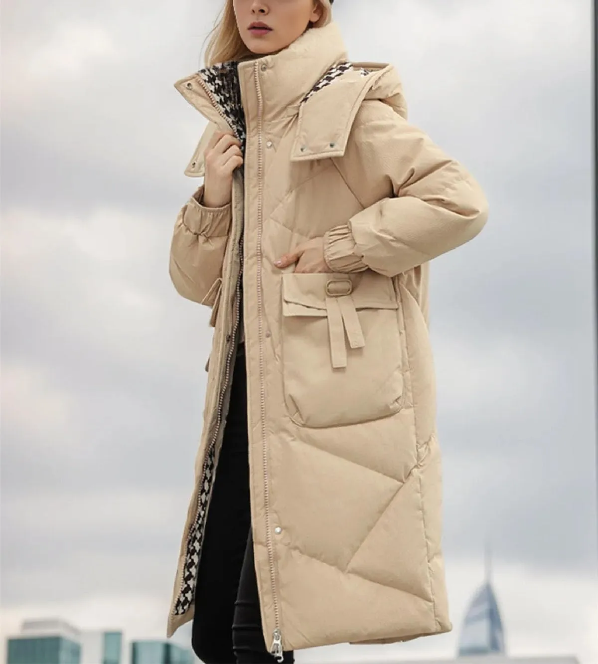 Women's Lace-Up Pocket Long Parkas Coats Vintage Hooded Detachable Hat Cotton-Padded Jacket