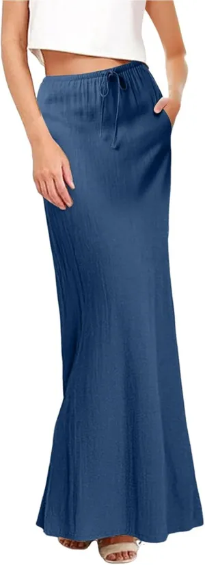 Womens Linen Casual Midi Skirts Women High Waisted Drawstring Flowy Long Skirt Solid Pencil Skirt for Women
