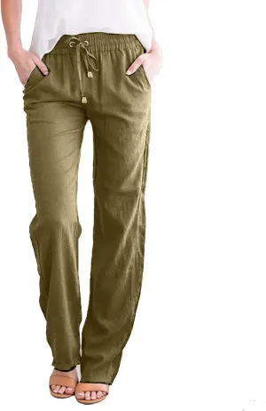 Womens Linen Casual Pants Winter Trendy Yoga Trousers with Pockets Fleece Lined Straight Leg