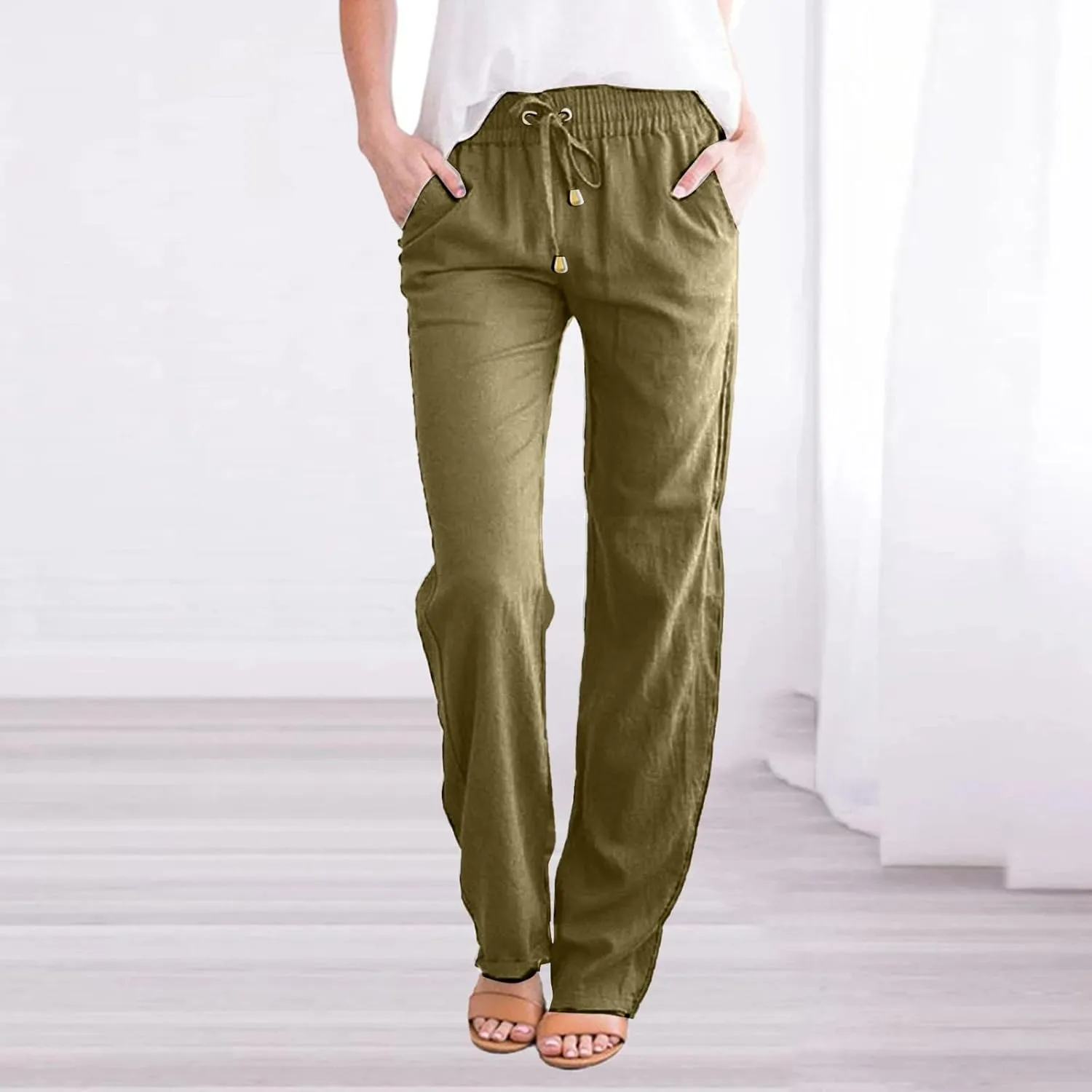 Womens Linen Casual Pants Winter Trendy Yoga Trousers with Pockets Fleece Lined Straight Leg