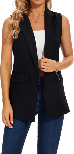 Women's Long Sleeveless Blazer Vests Casual Lapel Office Cardigans Vest Open Front Jacket Blazers