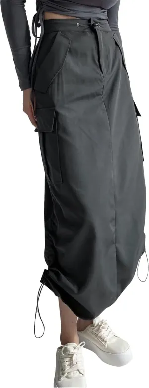 Women's Loose Casual Quick Drying Pleated Drawcord Work Suit Split Skirt Girls Midi Skirt Tight Skirt (2-Grey, S)