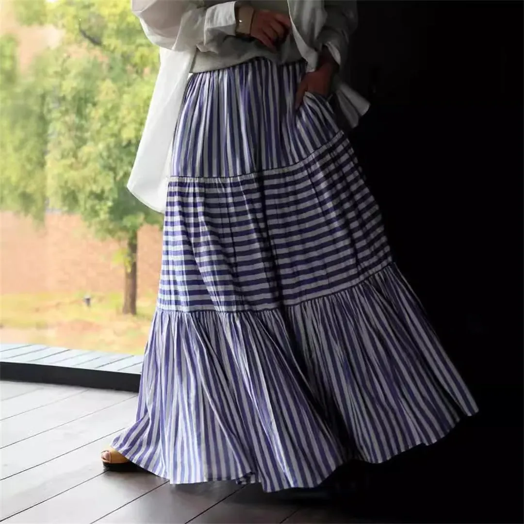 Women's Loose Fit Stretch Waist Holiday Maxi Skirts Vintage Style Striped Cotton Skirts