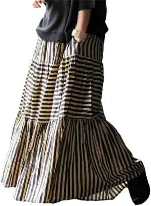 Women's Loose Fit Stretch Waist Holiday Maxi Skirts Vintage Style Striped Cotton Skirts