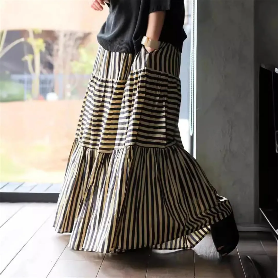 Women's Loose Fit Stretch Waist Holiday Maxi Skirts Vintage Style Striped Cotton Skirts