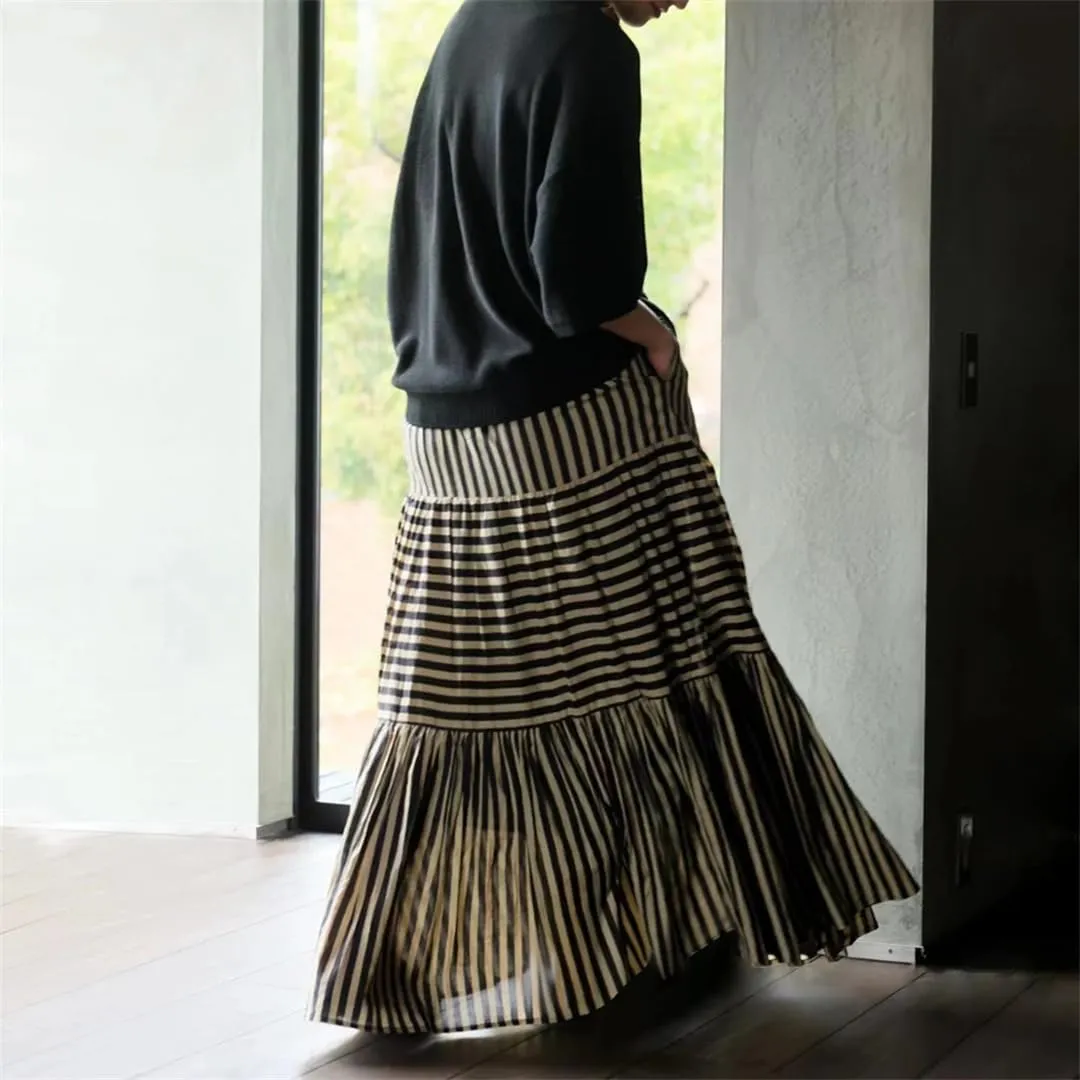 Women's Loose Fit Stretch Waist Holiday Maxi Skirts Vintage Style Striped Cotton Skirts