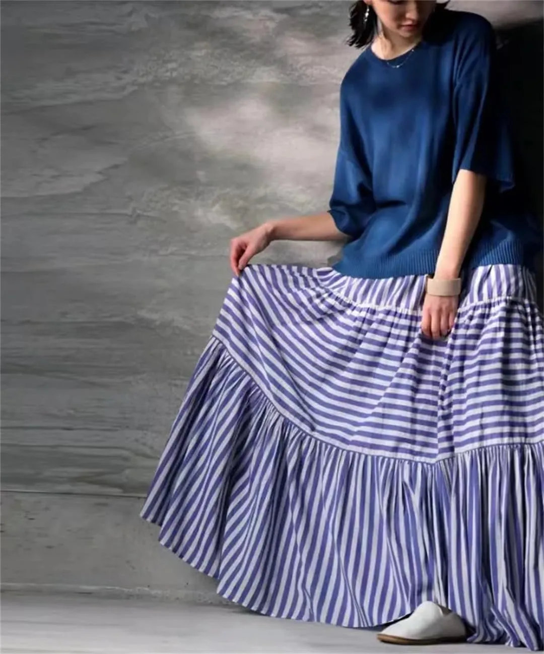 Women's Loose Fit Stretch Waist Holiday Maxi Skirts Vintage Style Striped Cotton Skirts