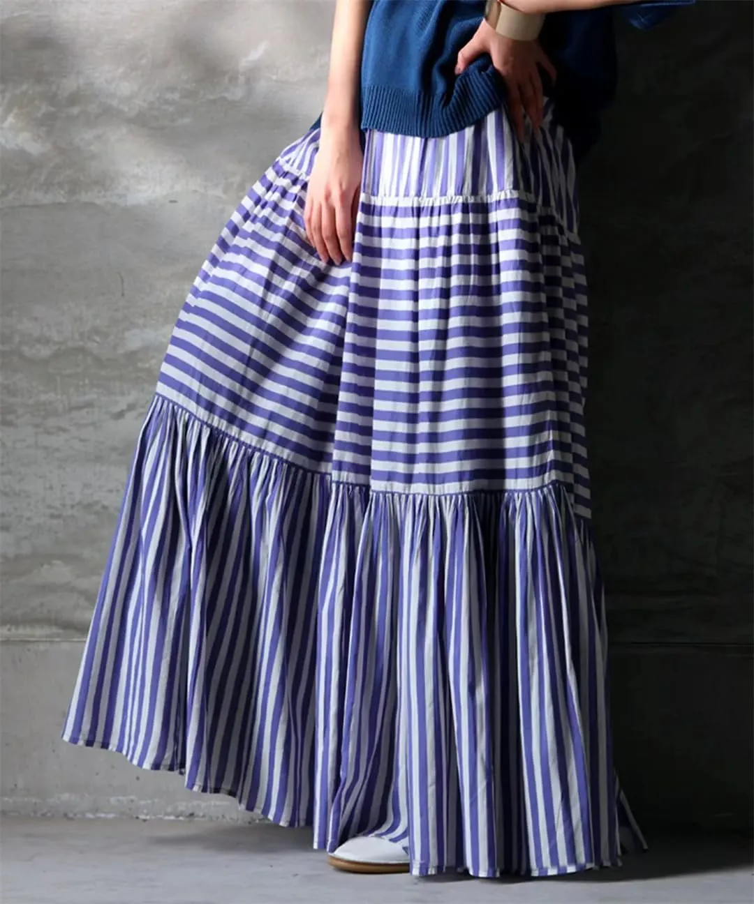 Women's Loose Fit Stretch Waist Holiday Maxi Skirts Vintage Style Striped Cotton Skirts