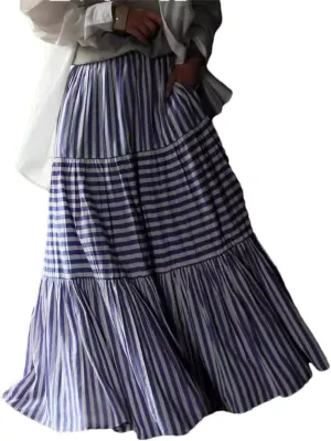 Women's Loose Fit Stretch Waist Holiday Maxi Skirts Vintage Style Striped Cotton Skirts