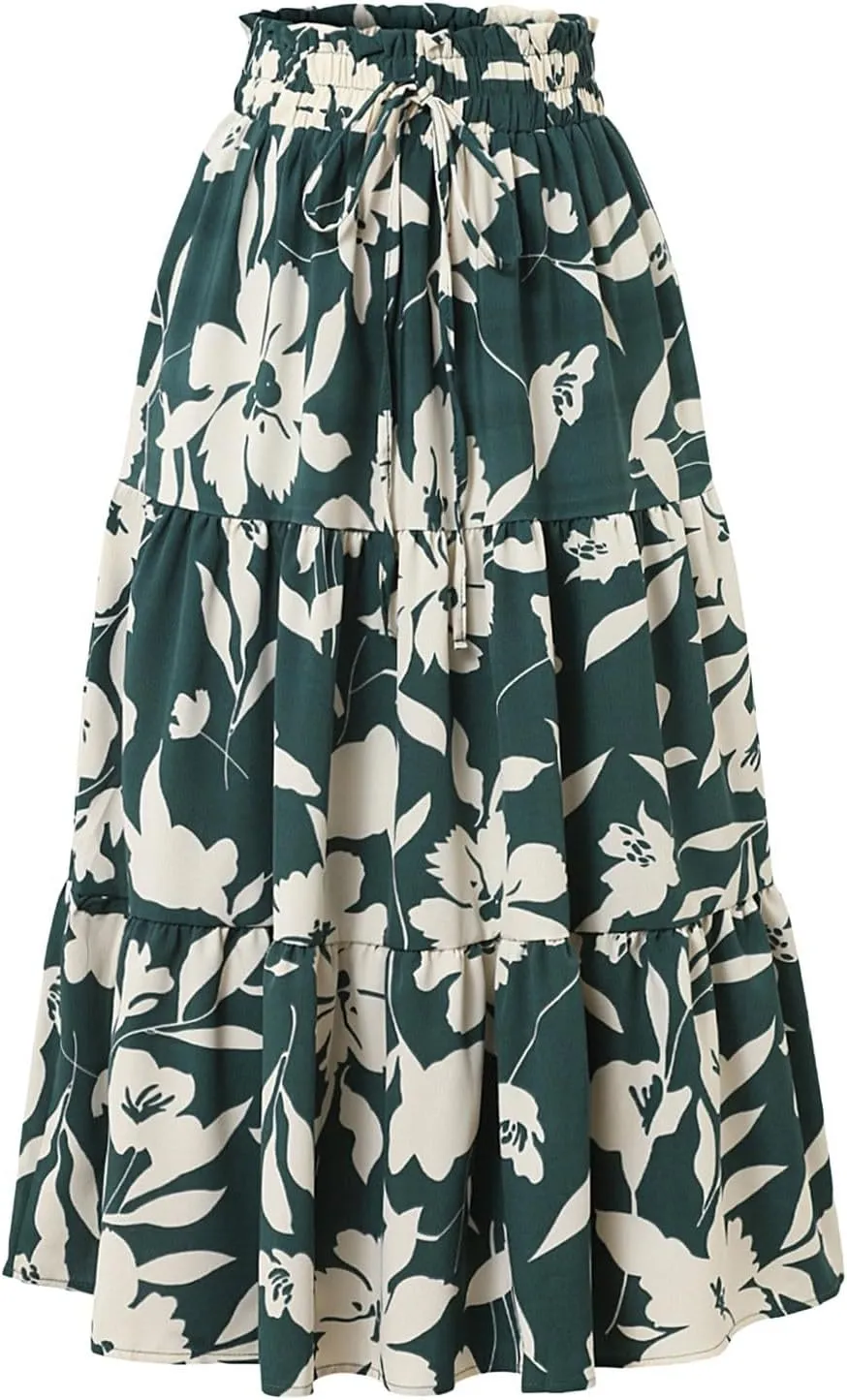 Womens Maxi Skirts Casual Drawstring High Slim Waist Flowy Summer Casual Elegant Beach Vacation Floral 2025
