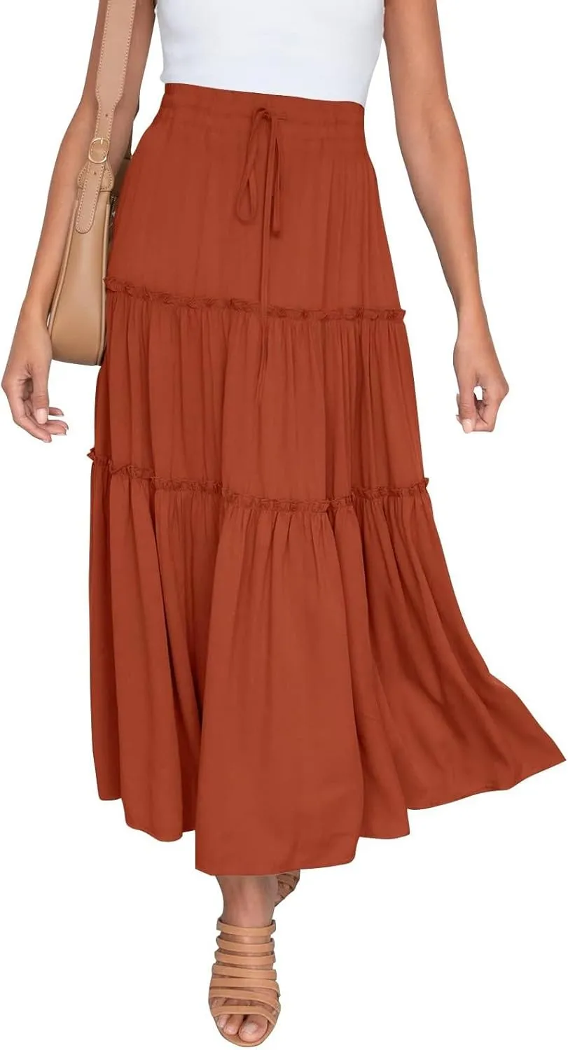 Women's Midi Skirt Summer Flowy High Waisted Casual Cotton Skirts 2025 Beach Holiday Casual Skirt