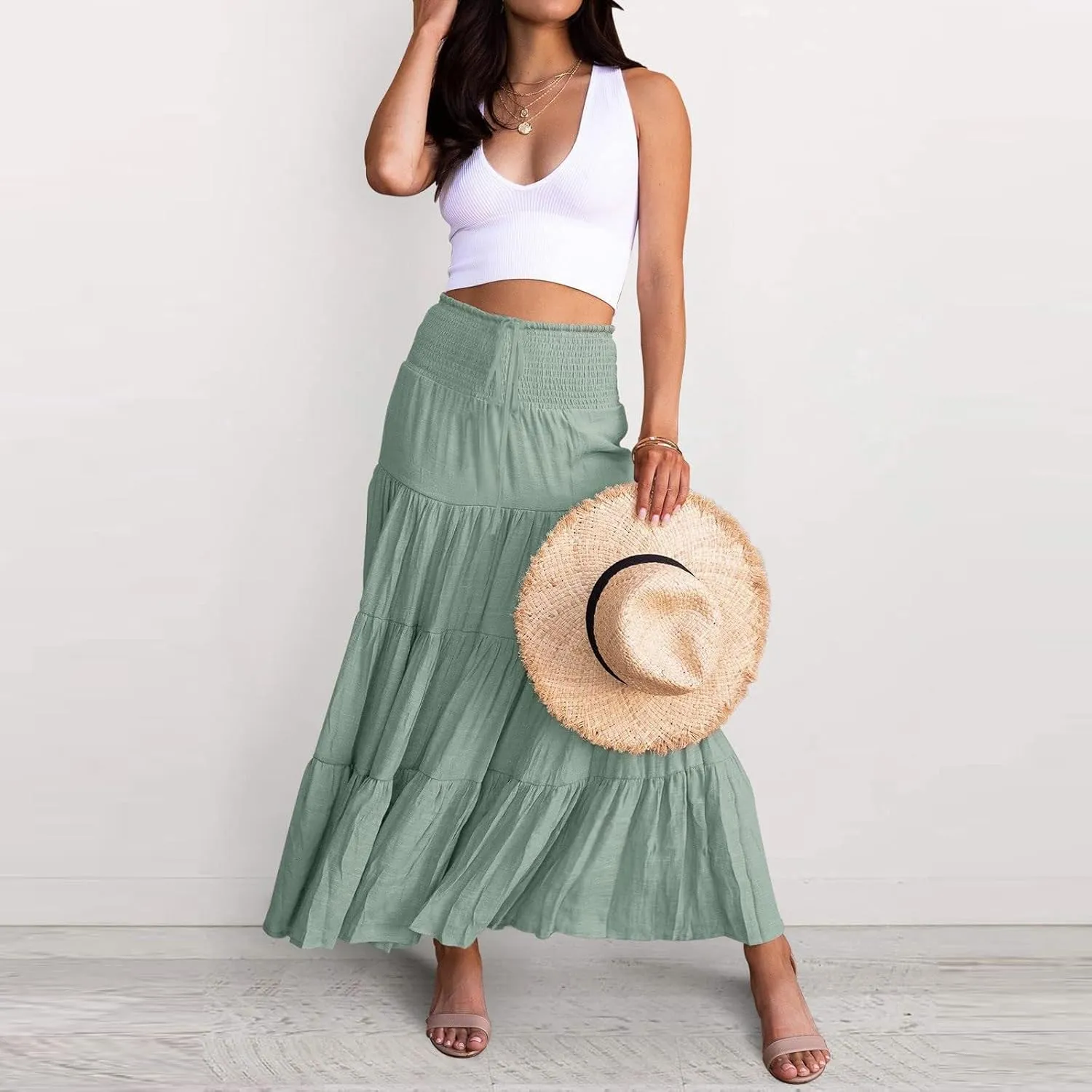 Women's Midi Skirt Summer Flowy High Waisted Casual Cotton Skirts 2025 Beach Holiday Casual Skirt