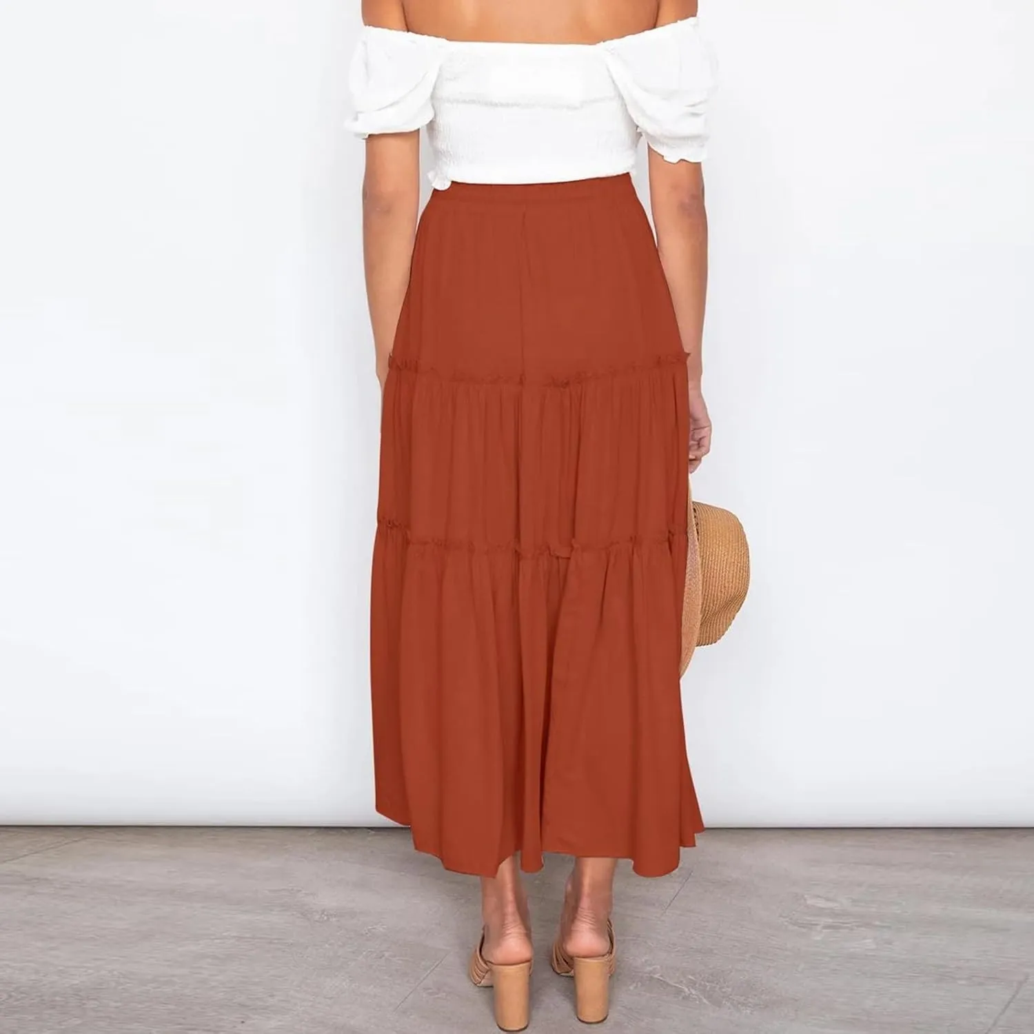 Women's Midi Skirt Summer Flowy High Waisted Casual Cotton Skirts 2025 Beach Holiday Casual Skirt