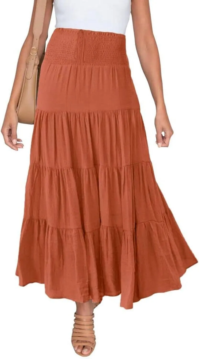 Women's Midi Skirt Summer Flowy High Waisted Casual Cotton Skirts 2025 Beach Holiday Casual Skirt