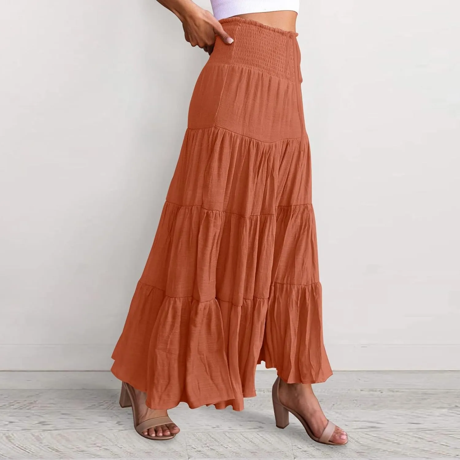 Women's Midi Skirt Summer Flowy High Waisted Casual Cotton Skirts 2025 Beach Holiday Casual Skirt