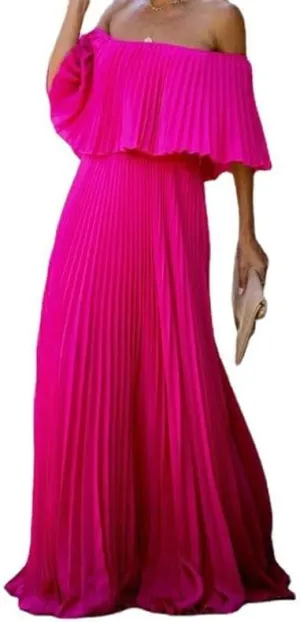 Womens Off The Shoulder Maxi Dress Pleated Half Sleeve A-Line Sundress Loose Fit Party Cocktail Summer Dresses