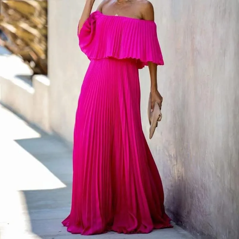 Womens Off The Shoulder Maxi Dress Pleated Half Sleeve A-Line Sundress Loose Fit Party Cocktail Summer Dresses