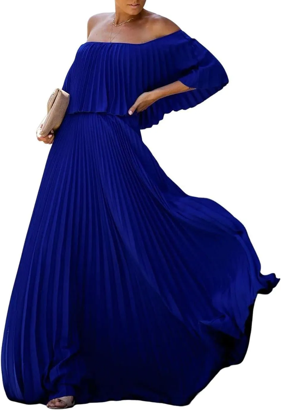 Womens Off The Shoulder Maxi Dress Pleated Half Sleeve A-Line Sundress Loose Fit Party Cocktail Summer Dresses