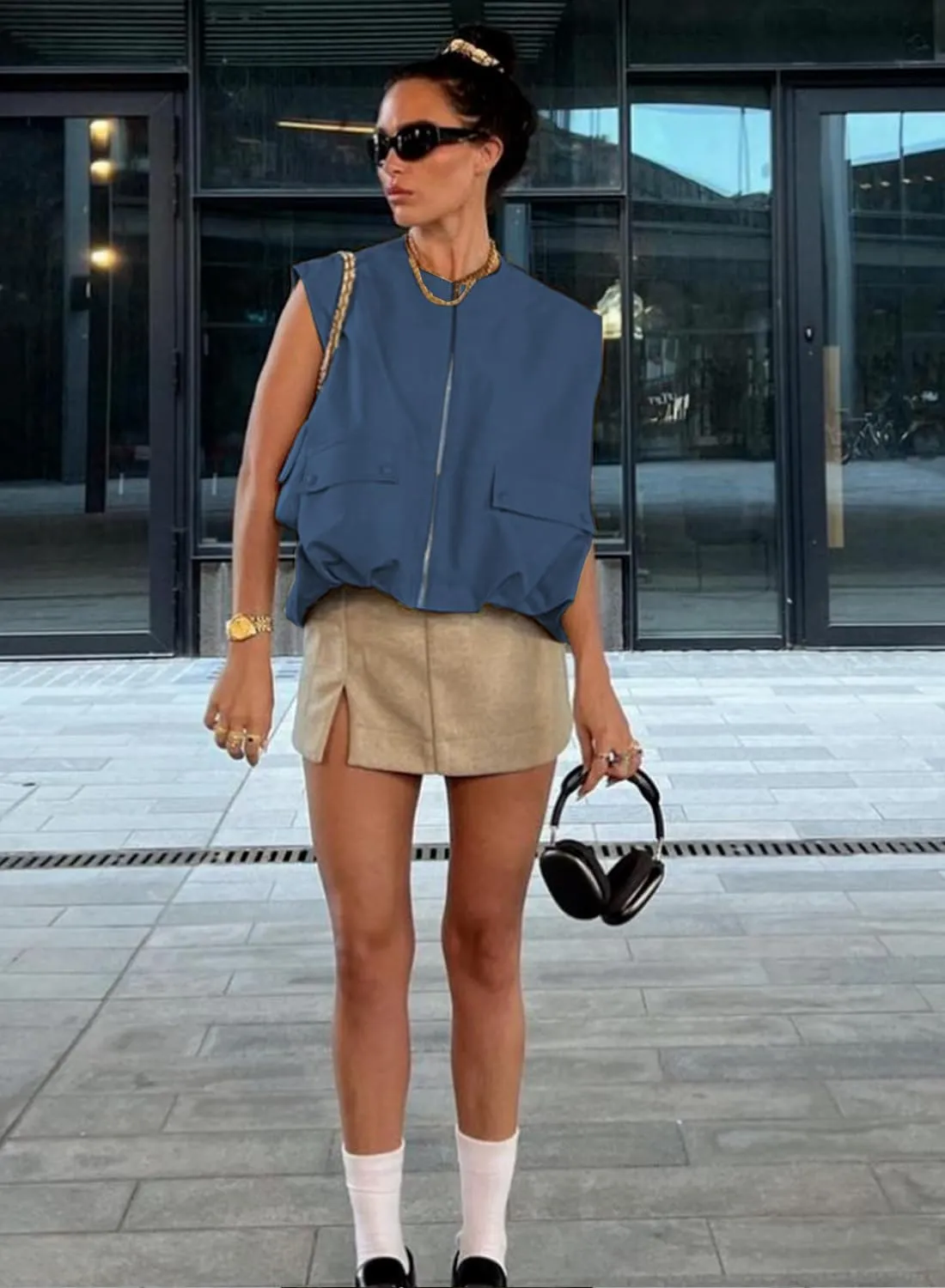 Women's Oversized Cargo Vest Casual Full Zip Up Ruched Hem Sleeveless Blazer Jackets Tops with Pockets