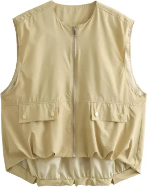 Women's Oversized Cargo Vest Casual Full Zip Up Ruched Hem Sleeveless Blazer Jackets Tops with Pockets