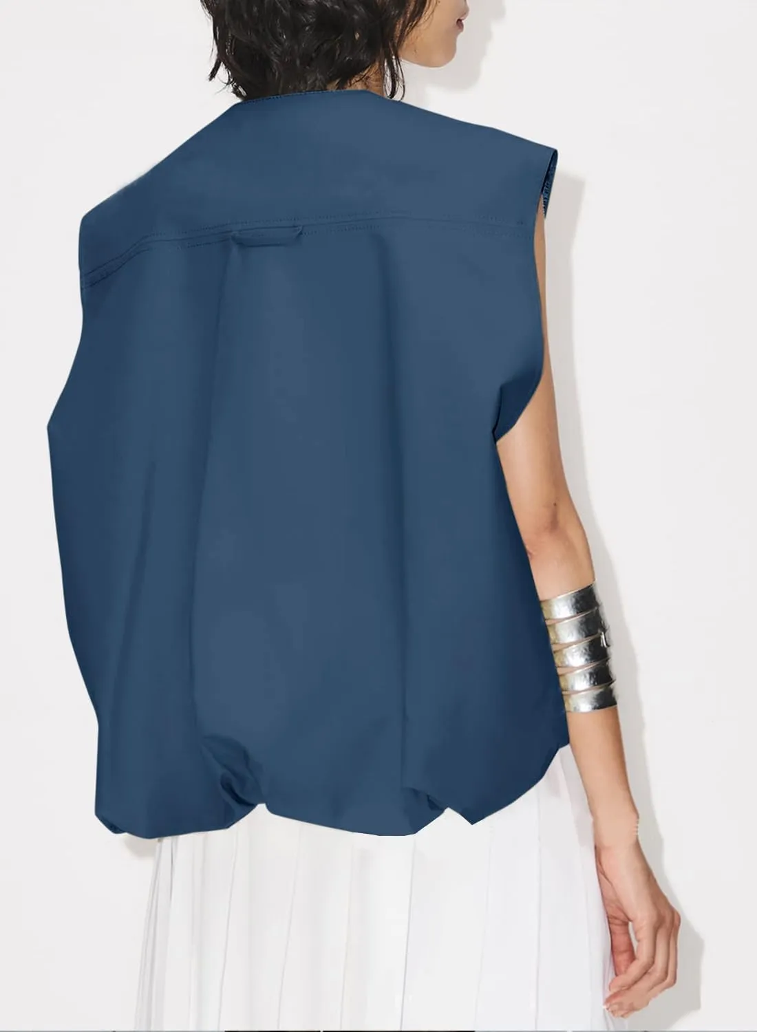 Women's Oversized Cargo Vest Casual Full Zip Up Ruched Hem Sleeveless Blazer Jackets Tops with Pockets
