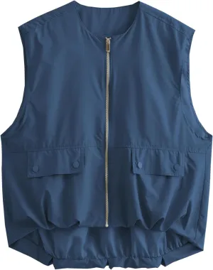Women's Oversized Cargo Vest Casual Full Zip Up Ruched Hem Sleeveless Blazer Jackets Tops with Pockets