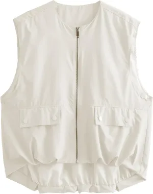 Women's Oversized Cargo Vest Casual Full Zip Up Ruched Hem Sleeveless Blazer Jackets Tops with Pockets(White,XL)
