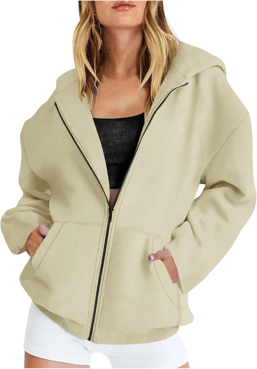 Women's Oversized Hoodies for Women Zip Up Long Sleeve Sweatshirt Casual Plain Hooded Jackets Cute Coat with Pockets