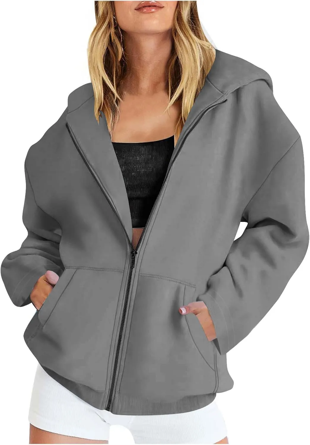 Women's Oversized Hoodies for Women Zip Up Long Sleeve Sweatshirt Casual Plain Hooded Jackets Cute Coat with Pockets