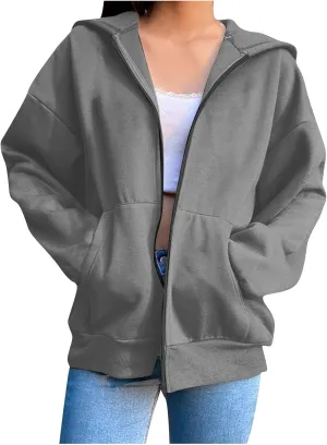 Women's Oversized Hoodies for Women Zip Up Long Sleeve Sweatshirt Casual Plain Hooded Jackets Cute Coat with Pockets