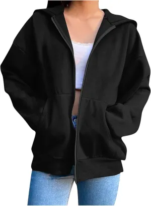 Women's Oversized Hoodies for Women Zip Up Long Sleeve Sweatshirt Casual Plain Hooded Jackets Cute Coat with Pockets