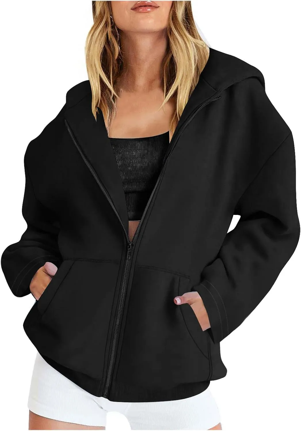 Women's Oversized Hoodies for Women Zip Up Long Sleeve Sweatshirt Casual Plain Hooded Jackets Cute Coat with Pockets