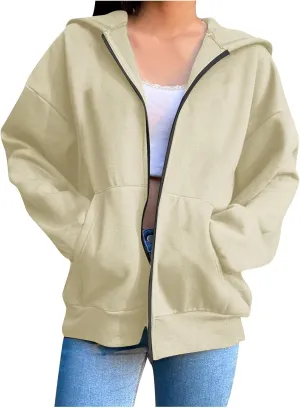 Women's Oversized Hoodies for Women Zip Up Long Sleeve Sweatshirt Casual Plain Hooded Jackets Cute Coat with Pockets