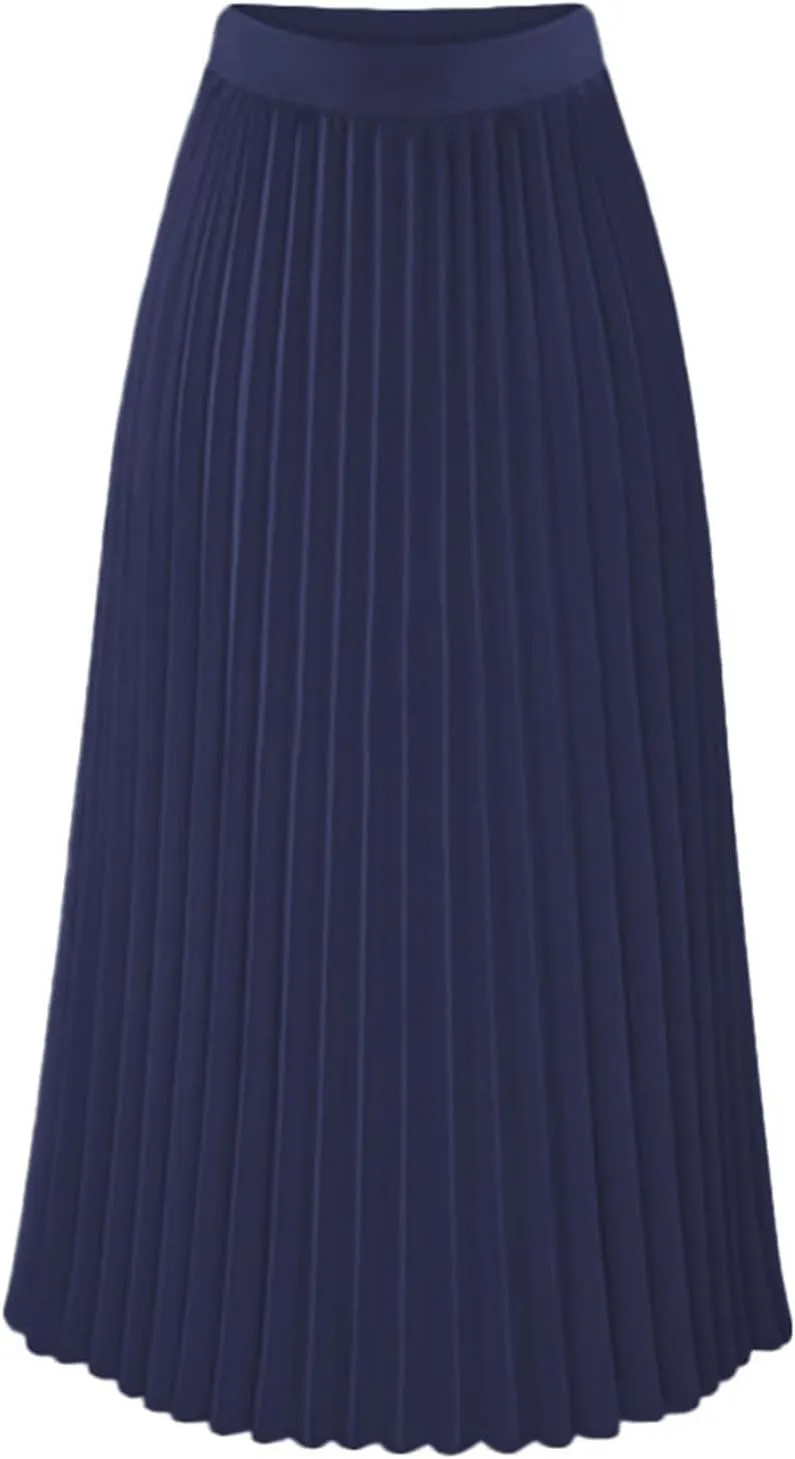Women's Pleated Flare Midi Skirt High Waist Stretch A-Line Swing Skirts Flowy Elegant Party Casual Solid Dress