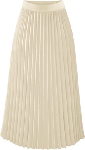 Women's Pleated Flare Midi Skirt High Waist Stretch A-Line Swing Skirts Flowy Elegant Party Casual Solid Dress