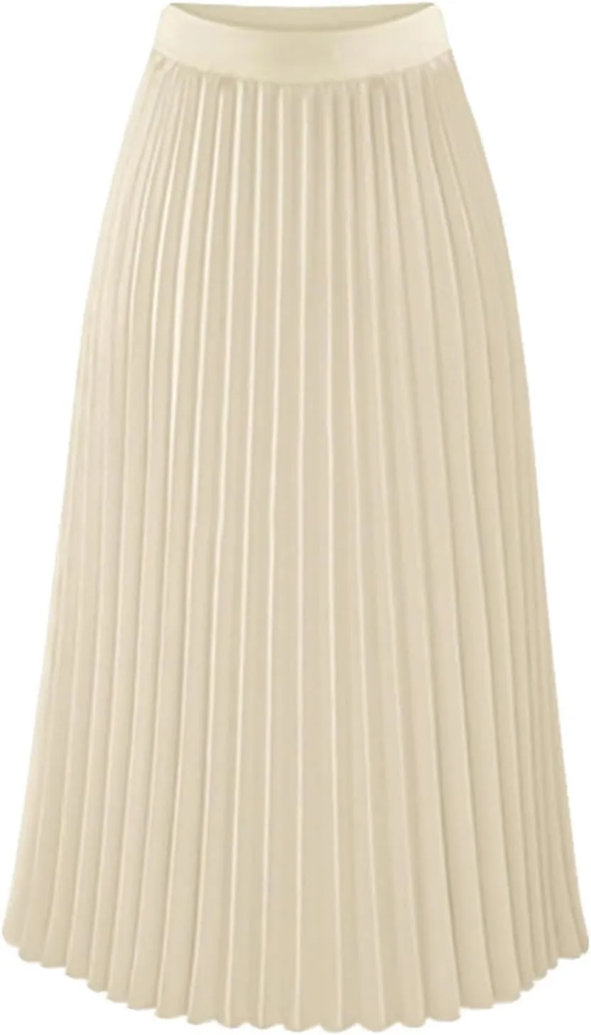 Women's Pleated Flare Midi Skirt High Waist Stretch A-Line Swing Skirts Flowy Elegant Party Casual Solid Dress
