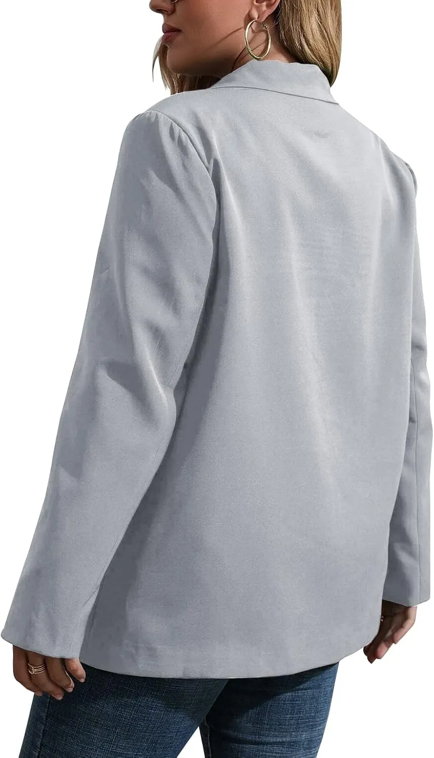 Womens Plus Size Casual Blazer Jackets Long Sleeve Open Front Buttons Work Office Lapel Blazers with Pockets