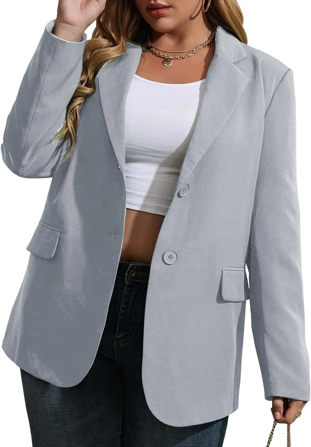 Womens Plus Size Casual Blazer Jackets Long Sleeve Open Front Buttons Work Office Lapel Blazers with Pockets