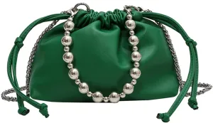 Women's PU Leather Crossbody Drawstring Shoulder Handbag Beads Bucket Bag Chain Satchel Purse for Prom Party Weddingbag221OWOISS