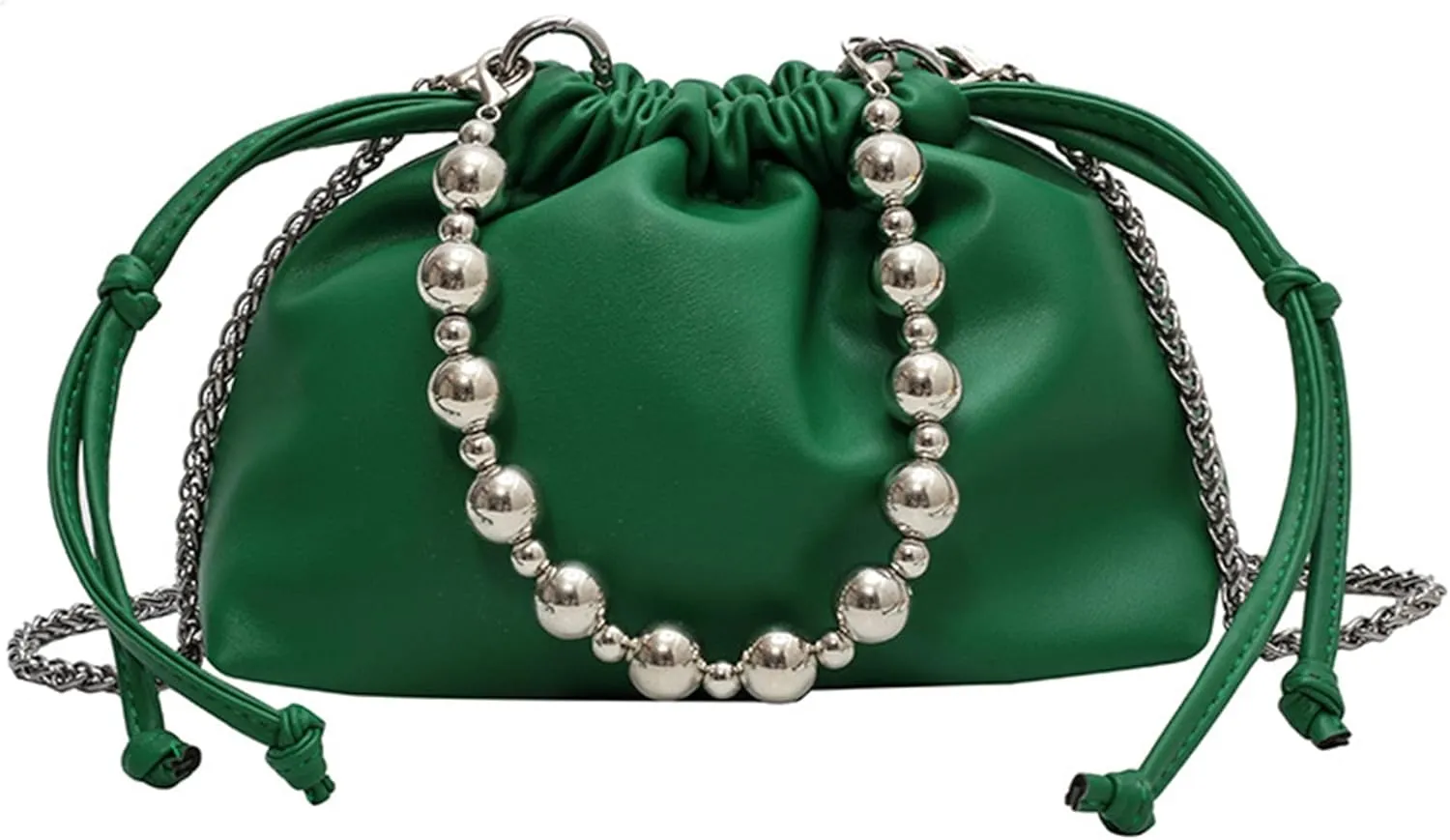 Women's PU Leather Crossbody Drawstring Shoulder Handbag Beads Bucket Bag Chain Satchel Purse for Prom Party Weddingbag221OWOISS