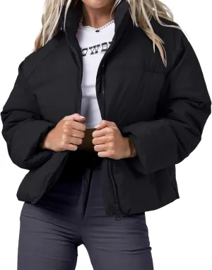 Women's Puffer Jacket Lightweight Oversized Long Sleeve Full Zipper Baggy Short Down Coats with Pockets