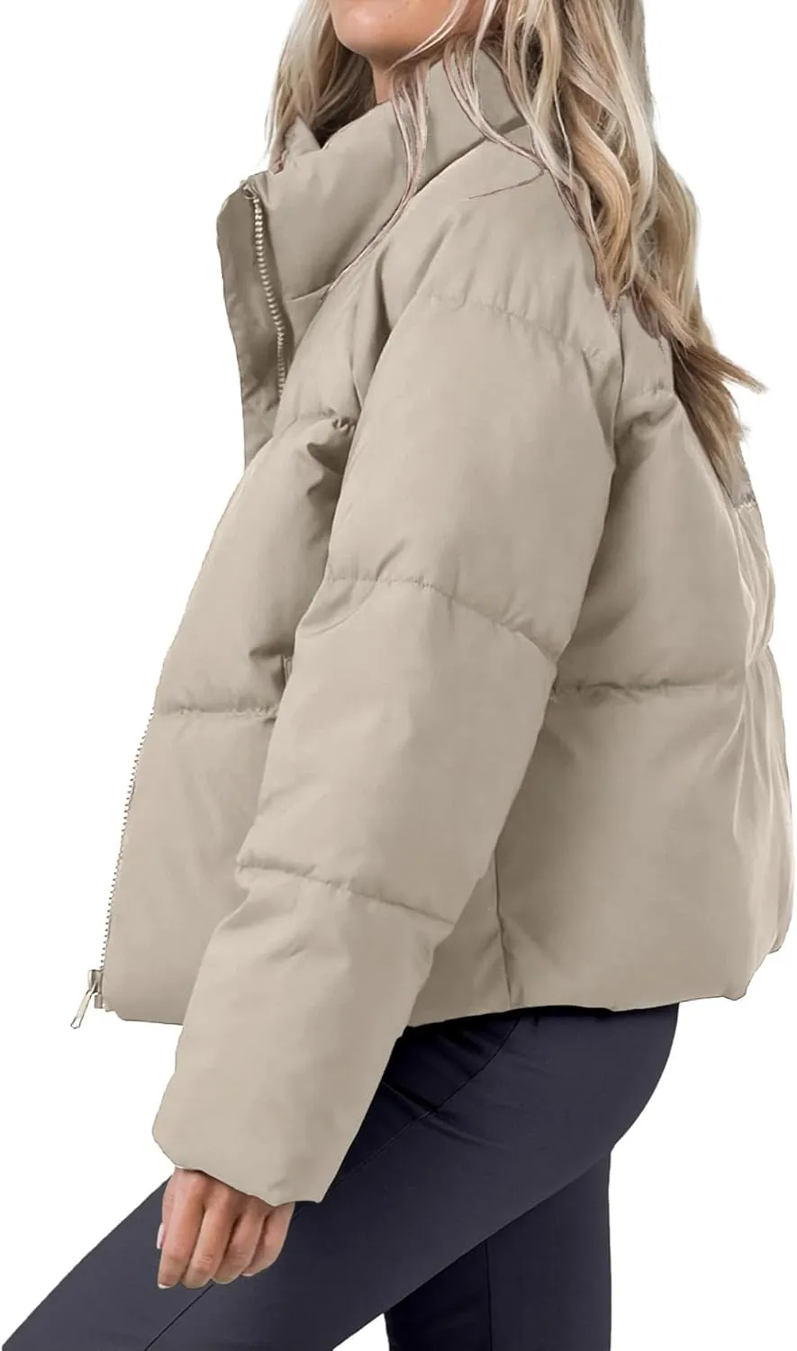 Women's Puffer Jacket Lightweight Oversized Long Sleeve Full Zipper Baggy Short Down Coats with Pockets