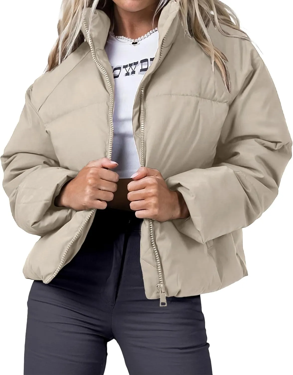 Women's Puffer Jacket Lightweight Oversized Long Sleeve Full Zipper Baggy Short Down Coats with Pockets