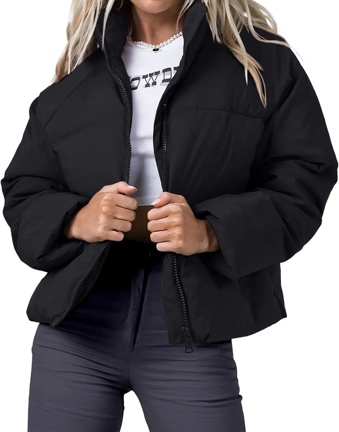 Women's Puffer Jacket Lightweight Oversized Long Sleeve Full Zipper Baggy Short Down Coats with Pockets