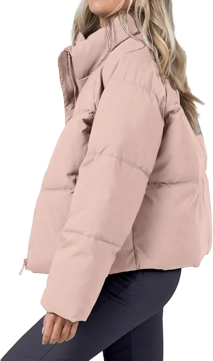 Women's Puffer Jacket Lightweight Oversized Long Sleeve Full Zipper Baggy Short Down Coats with Pockets