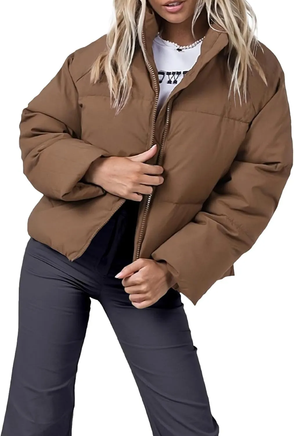 Women's Puffer Jacket Lightweight Oversized Long Sleeve Full Zipper Baggy Short Down Coats with Pockets
