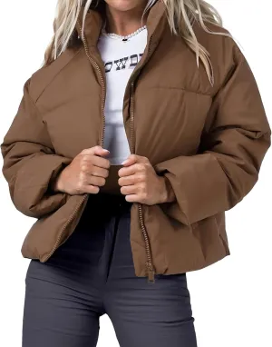 Women's Puffer Jacket Lightweight Oversized Long Sleeve Full Zipper Baggy Short Down Coats with Pockets