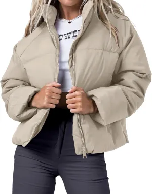 Women's Puffer Jacket Lightweight Oversized Long Sleeve Full Zipper Baggy Short Down Coats with Pockets